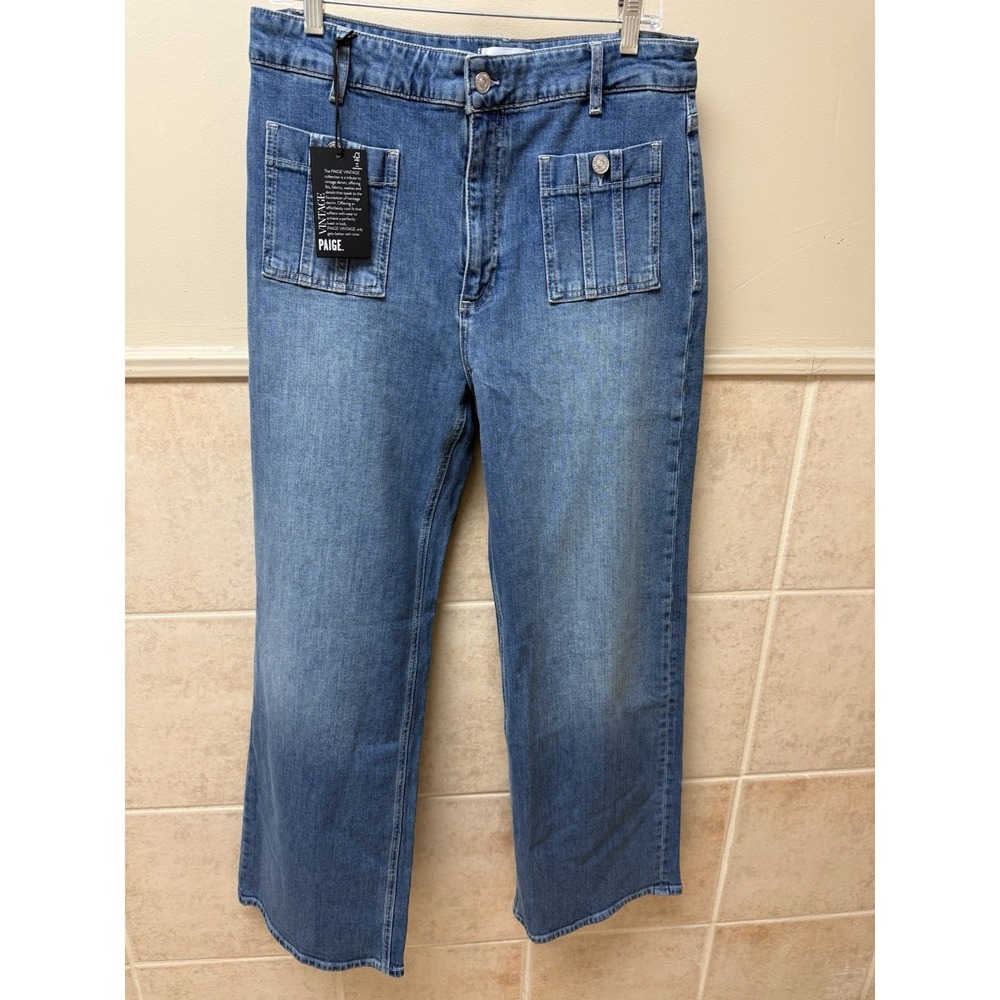 PAIGE Anessa Wide Leg Jeans Sz 32 Paley Wash Patch Pocket High Rise NWT Denim - Picture 3 of 16